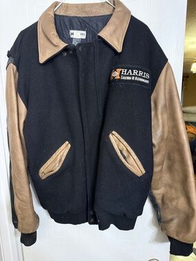 Black and Tan Leather-Sleeve Bomber Jacket